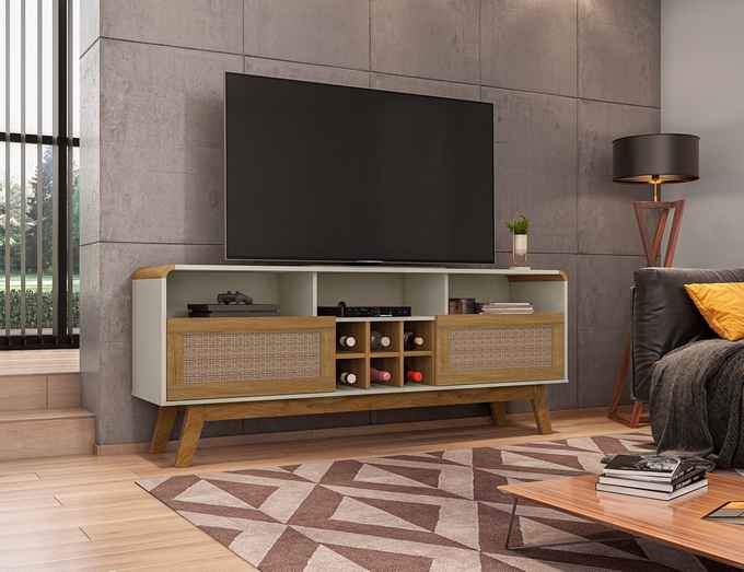 Rack Larimar em Madeira Branco Off-White Cinamomo Rattan para TV até 65 Polegadas Móveis Bechara
