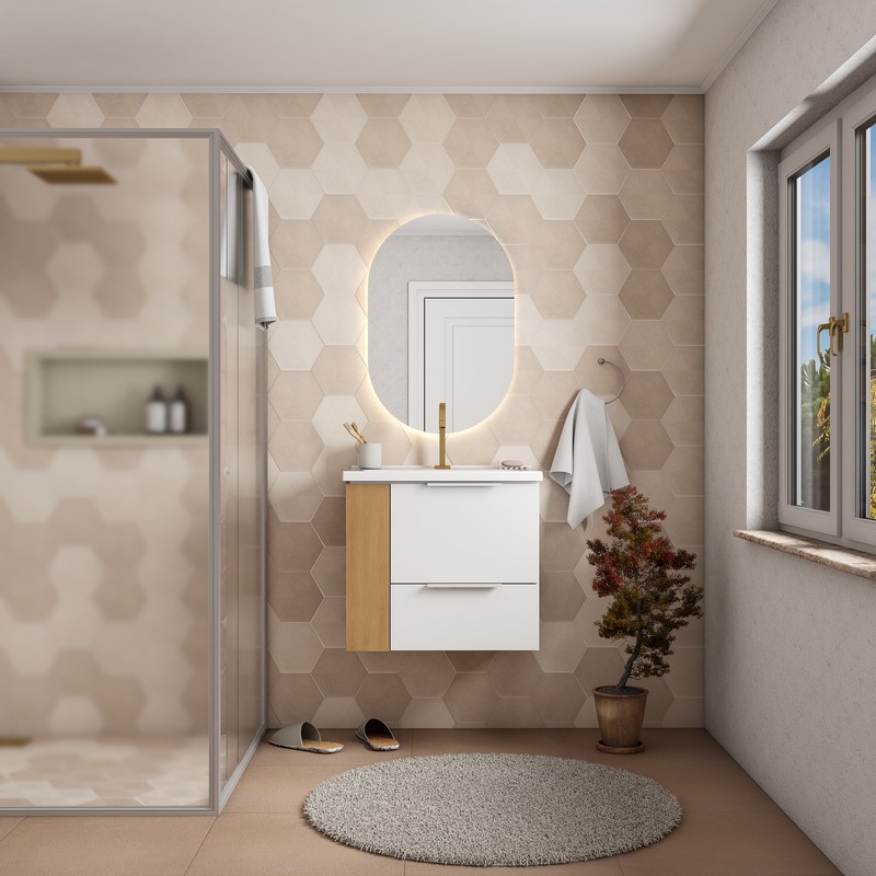 Gabinete de Banheiro Montado em Madeira Cosmos 60cm Branco/Jequitibá Nicho Esquerdo Cozimax