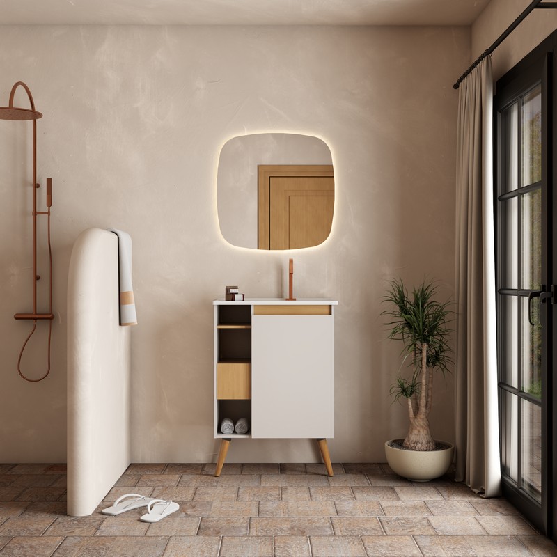 Gabinete de Banheiro Montado em Madeira Jequitibá/Nude 60cm com Lavatório Lotus c/ Pé Cozimax