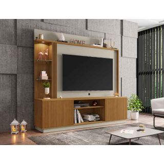 Home Theater Atlanta Madeira Marrom Cinamomo Off-White Ripado p/ TV até 65 Polegadas Móveis Bechara 1