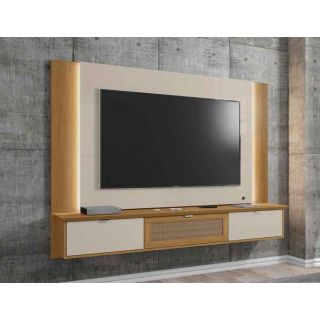 Painel Qatar em Madeira Off-white Cinamomo Rattan para TV até 70 Polegadas Móveis Bechara 1