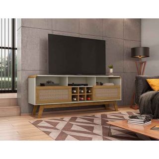 Rack Larimar em Madeira Branco Off-White Cinamomo Rattan para TV até 65 Polegadas Móveis Bechara 1