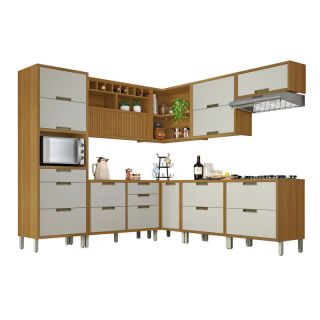 Cozinha Modular Imperatriz com 9 Peças com Nicho p/ Micro ondas Freijó/Off white Móveis Nesher 1