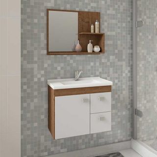 Armário de Banheiro Isa c/ Lavatório e Espelheira Branco/Amêndoa MDF 55cm MGM Móveis 1