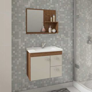 Armário de Banheiro Isa c/ Lavatório e Espelheira Amêndoa/OffWhite MDF 55cm MGM Móveis 1