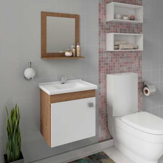 Armário de Banheiro Iris c/ Lavatório e Espelheira Branco/Amêndoa Montado MDF 44cm MGM Móveis 1