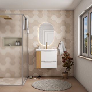 Gabinete de Banheiro Montado em Madeira Cosmos 60cm Branco/Jequitibá Nicho Direto Cozimax
