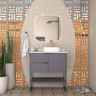 Gabinete de Banheiro Cinza em Madeira com Tampo em Porcelanato Nilo Cozimax 1