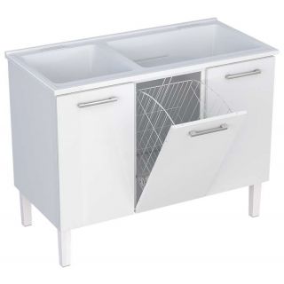 Gabinete de Lavanderia Branco em Aço com Tanque Sintético Branco e Cesto Basculante Max Cozimax 1